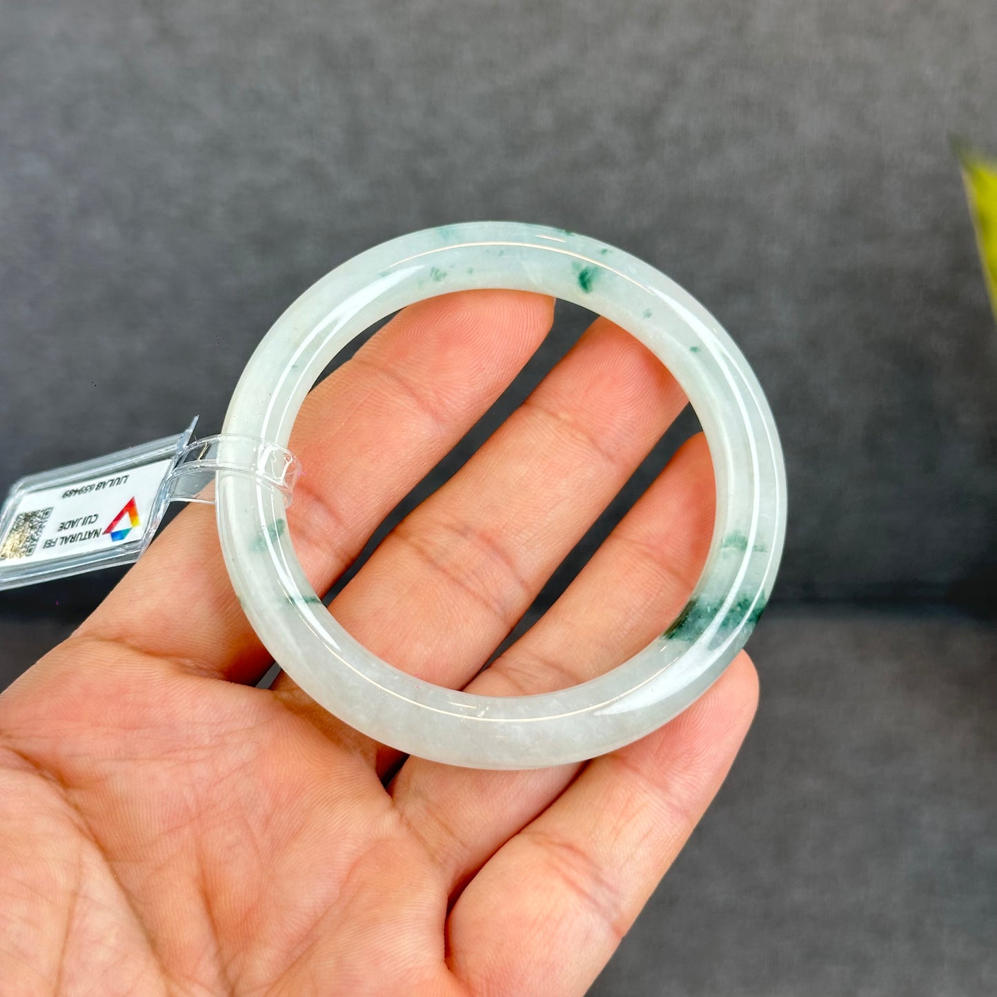 Natural Floating Floral Moss Green Semi Translucent Jadeite Jade VIP Bangle Chopstick Style Size 53 mm