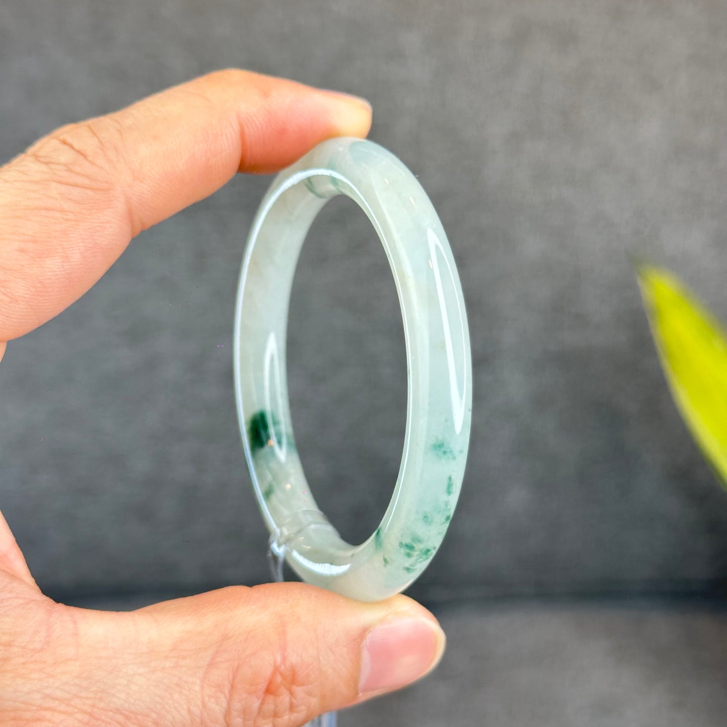 Natural Floating Floral Moss Green Semi Translucent Jadeite Jade VIP Bangle Chopstick Style Size 53 mm