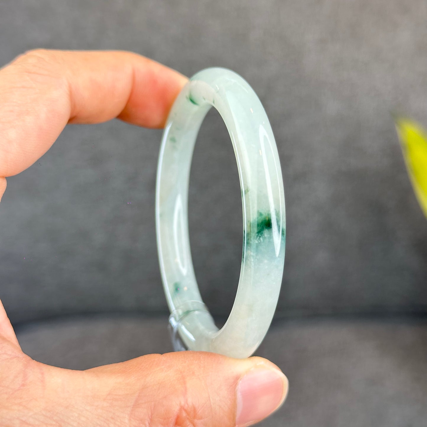 Natural Floating Floral Moss Green Semi Translucent Jadeite Jade VIP Bangle Chopstick Style Size 53 mm