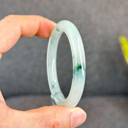 Natural Floating Floral Moss Green Semi Translucent Jadeite Jade VIP Bangle Chopstick Style Size 53 mm