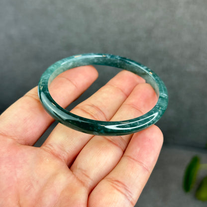 Natural Semi-Translucent Blue Water Jadeite Jade Banlge Leaf Style Size 53.5 mm