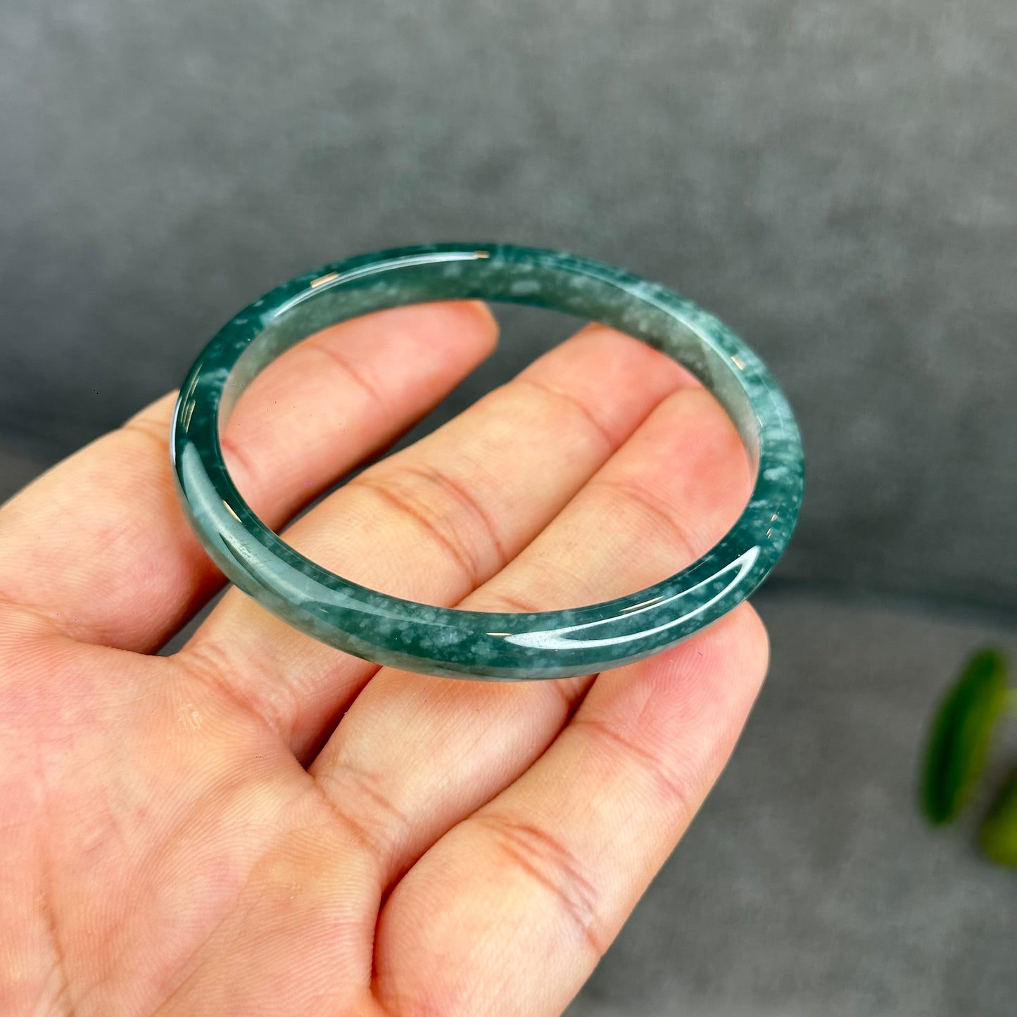 Natural Semi-Translucent Blue Water Jadeite Jade Banlge Leaf Style Size 53.5 mm