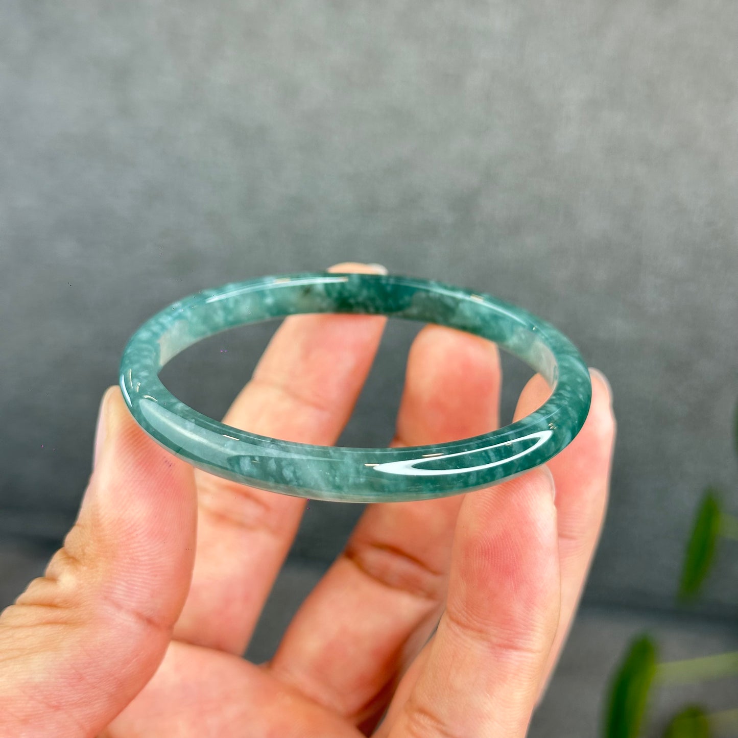 Natural Semi-Translucent Blue Water Jadeite Jade Banlge Leaf Style Size 55 mm
