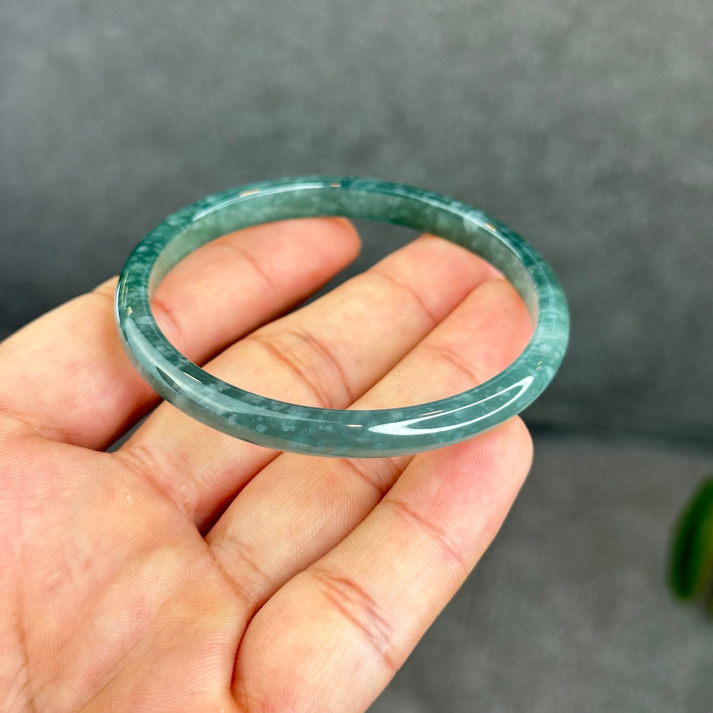 Natural Semi-Translucent Blue Water Jadeite Jade Banlge Leaf Style Size 55 mm