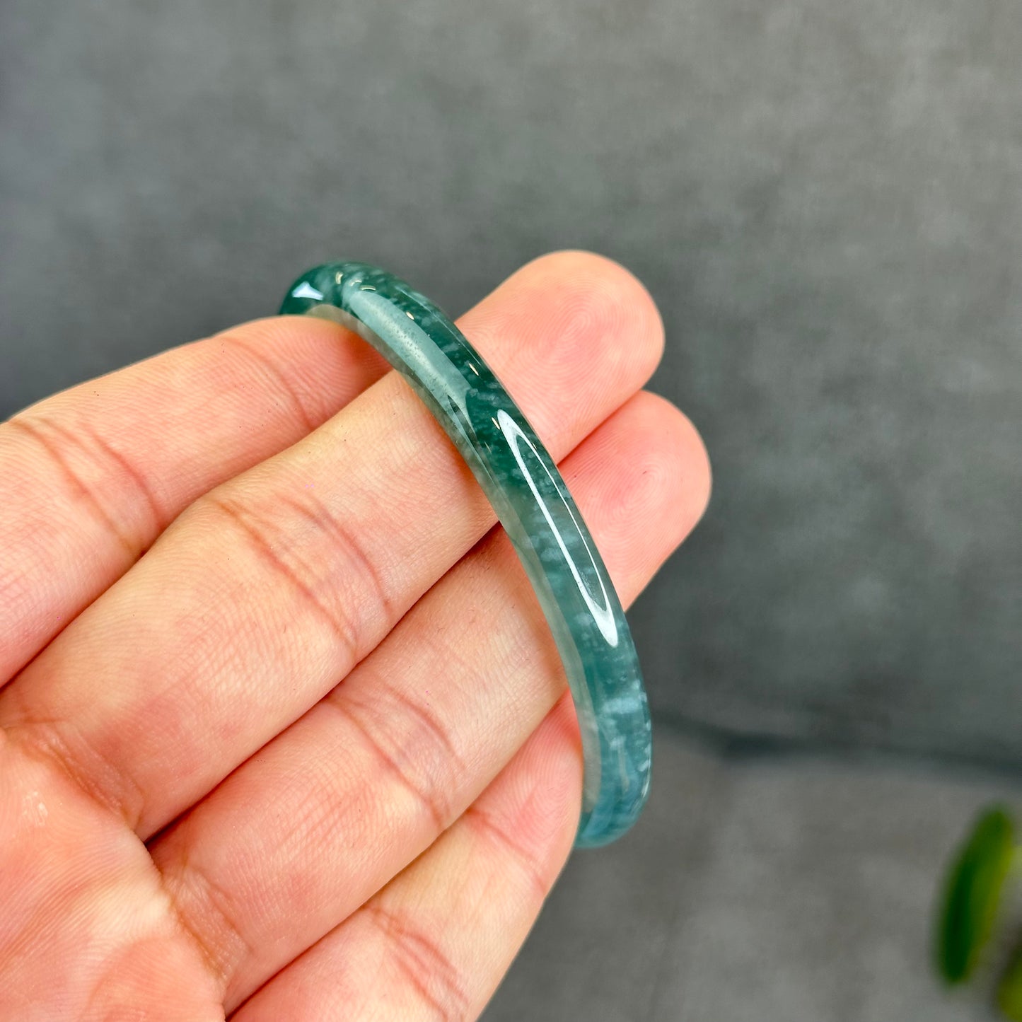 Natural Semi-Translucent Blue Water Jadeite Jade Banlge Leaf Style Size 55 mm