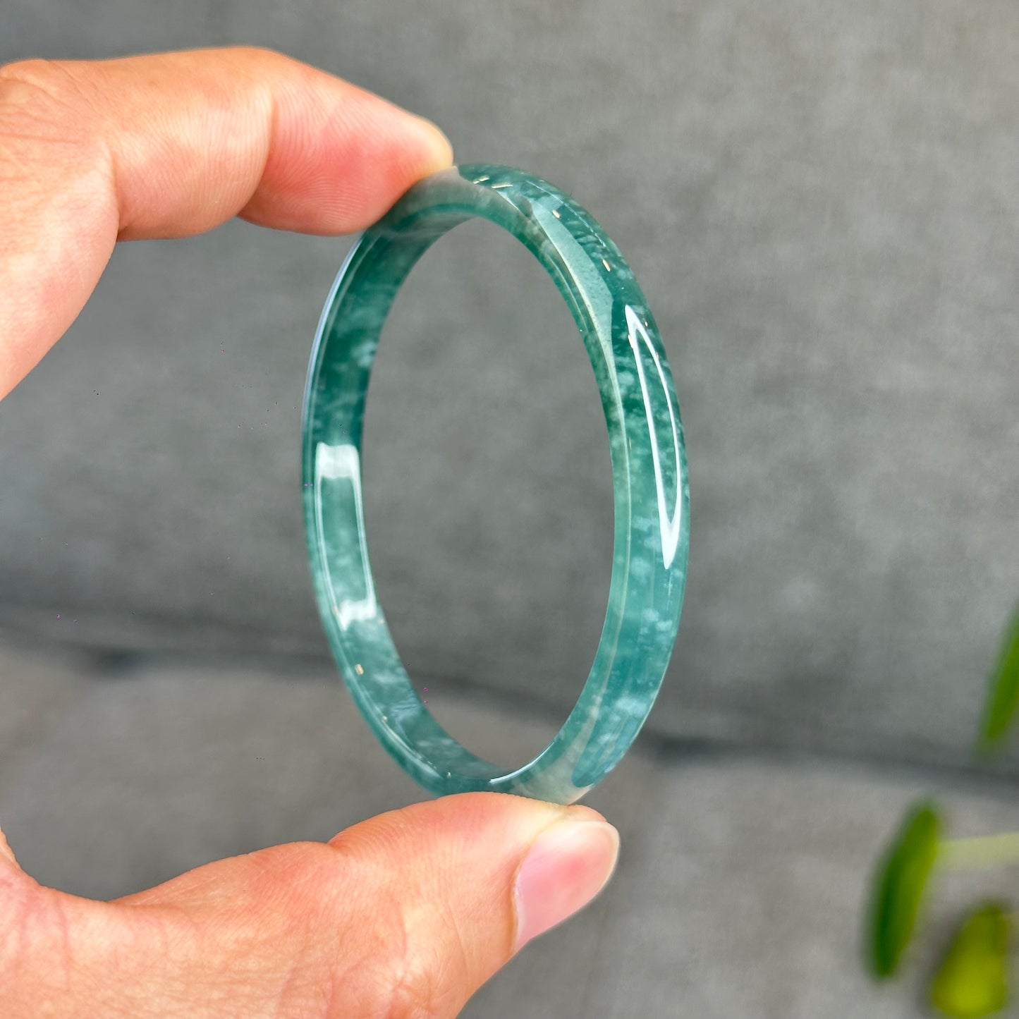 Natural Semi-Translucent Blue Water Jadeite Jade Banlge Leaf Style Size 55 mm