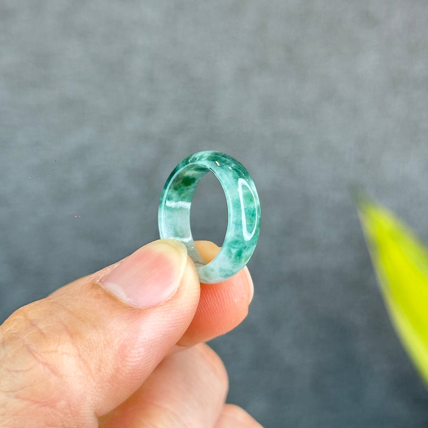 Natural Dark Floating Floral Moss Green Translucent Jadeite Jade Type A Ring Leaf Style Size 1.6