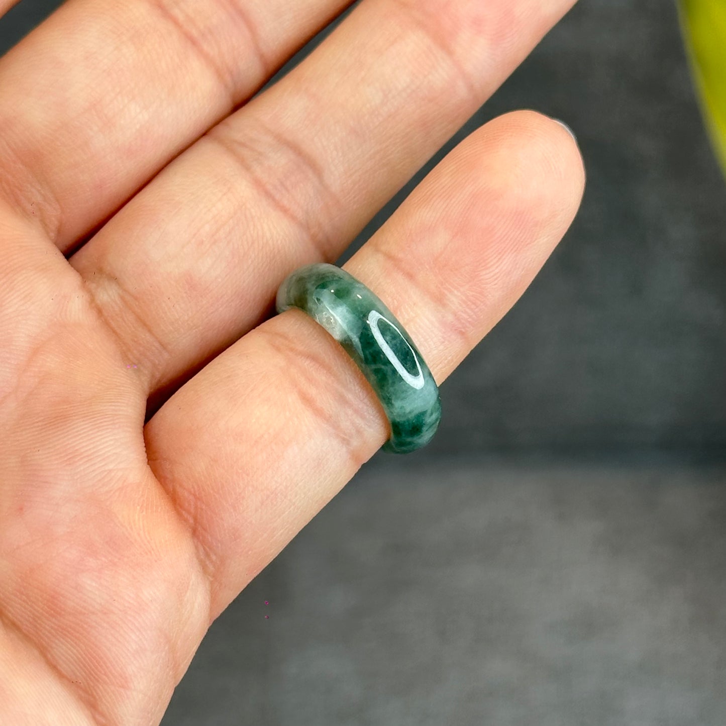 Natural Dark Floating Floral Moss Green Translucent Jadeite Jade Type A Ring Leaf Style Size 1.6