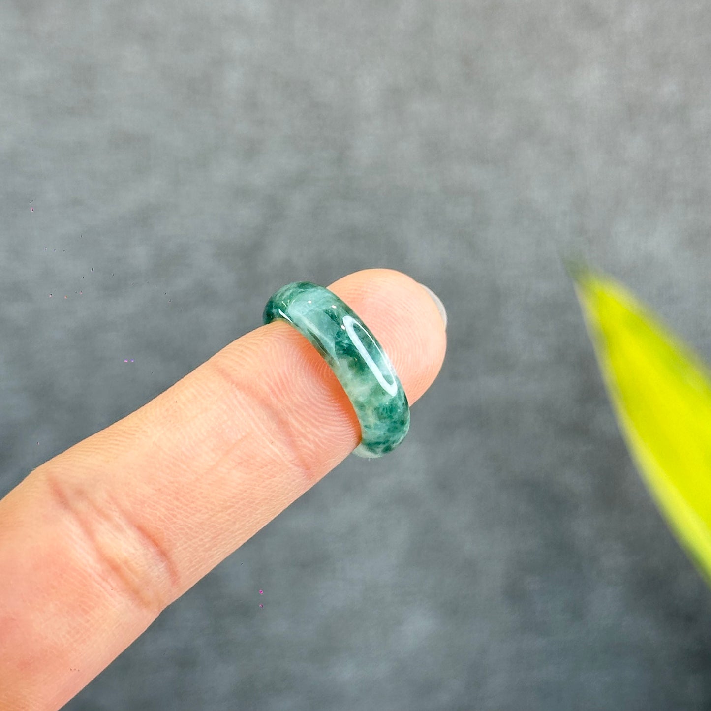 Natural Dark Floating Floral Moss Green Translucent Jadeite Jade Type A Ring Leaf Style Size 1.6