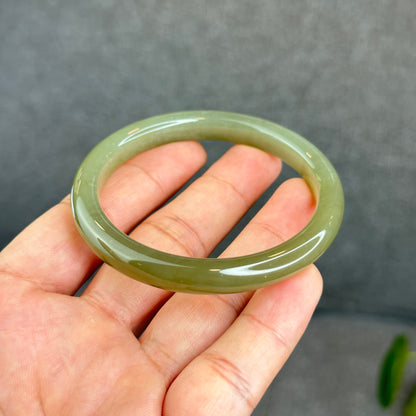 Natural Lake Green Hetian Nephrite Jade Bangle Leaf Style Size 56 mm