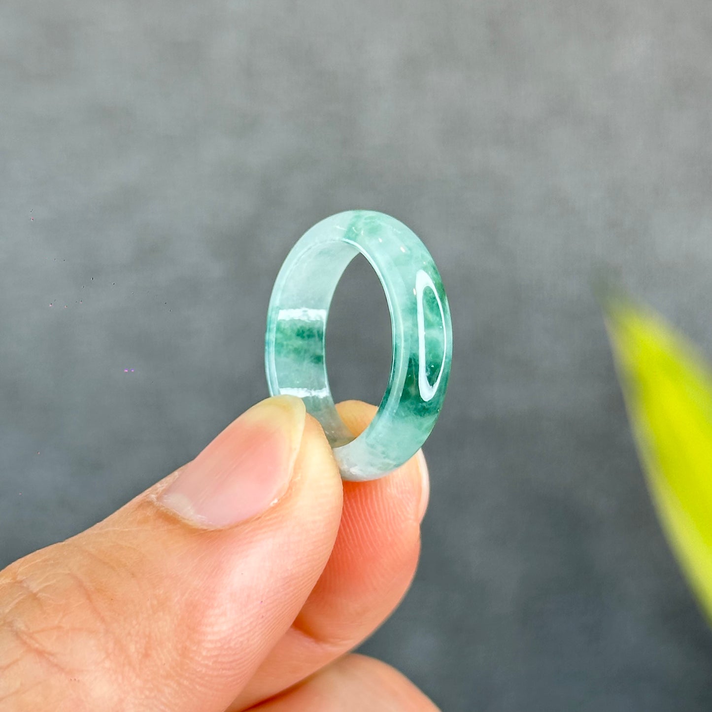 Natural Dark Floating Floral Moss Green Translucent Jadeite Jade Type A Ring Leaf Style Size 1.75