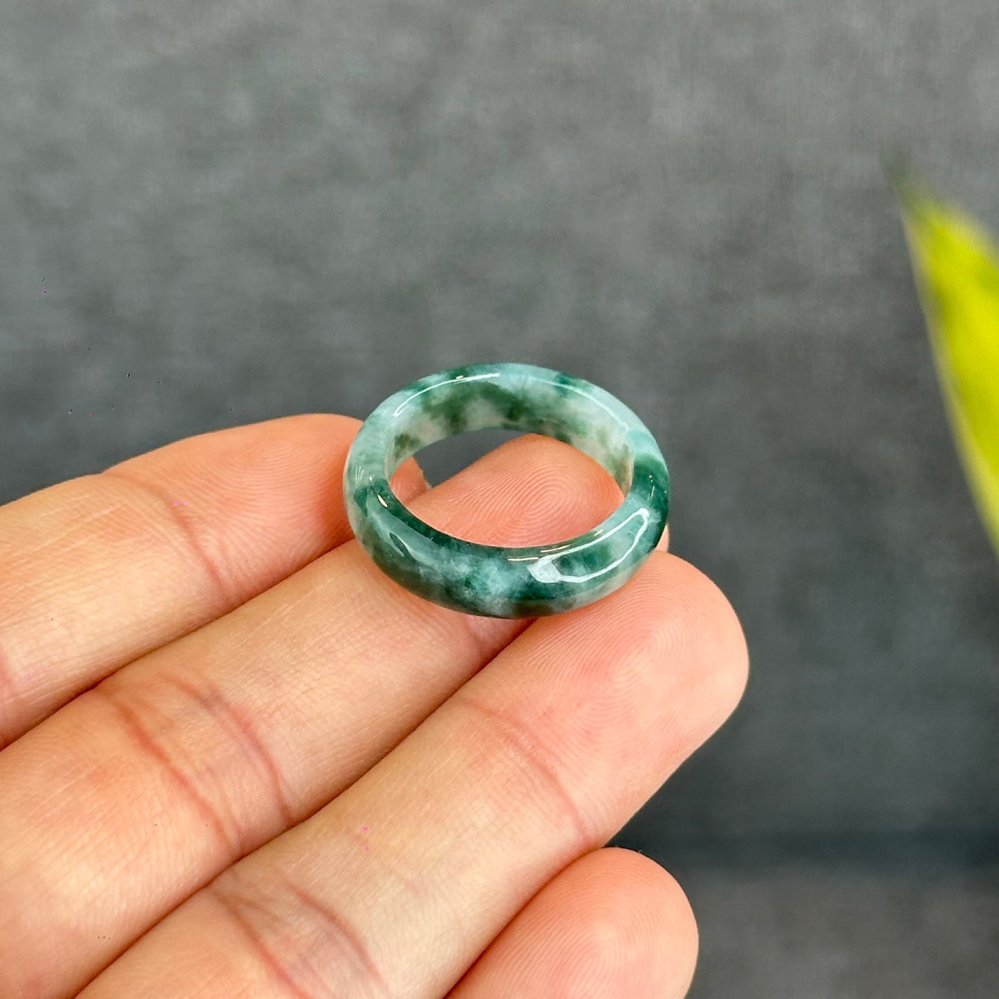Natural Dark Floating Floral Moss Green Translucent Jadeite Jade Type A Ring Leaf Style Size 1.9