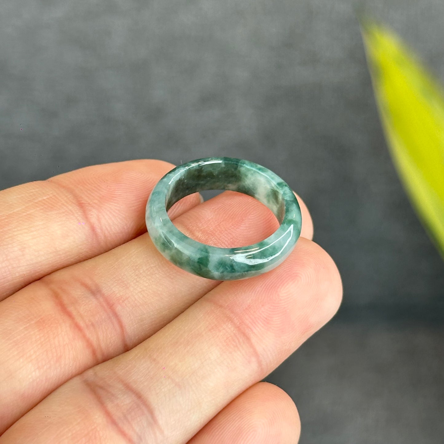 Natural Dark Floating Floral Moss Green Translucent Jadeite Jade Type A Ring Leaf Style Size 1.9