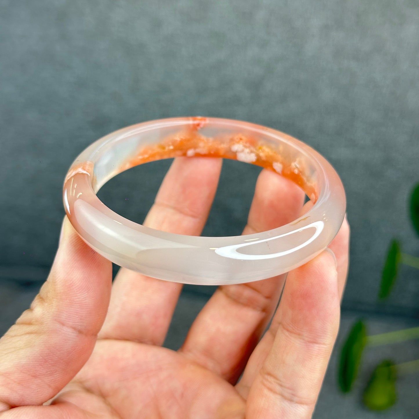 Natural Translucent Floral Agate Bangle Leaf Style Size 60.5 mm