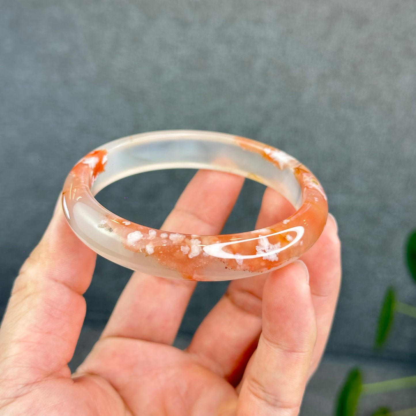 Natural Translucent Floral Agate Bangle Leaf Style Size 60.5 mm