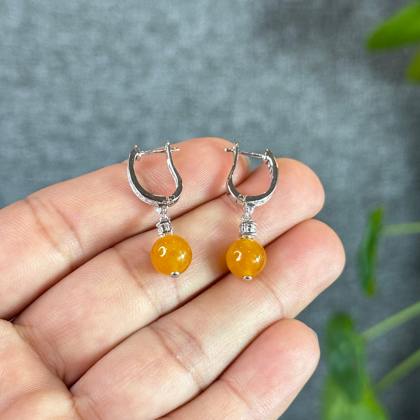 Natural Orange Jadeite Jade 8 mm Earrings in Silver setting