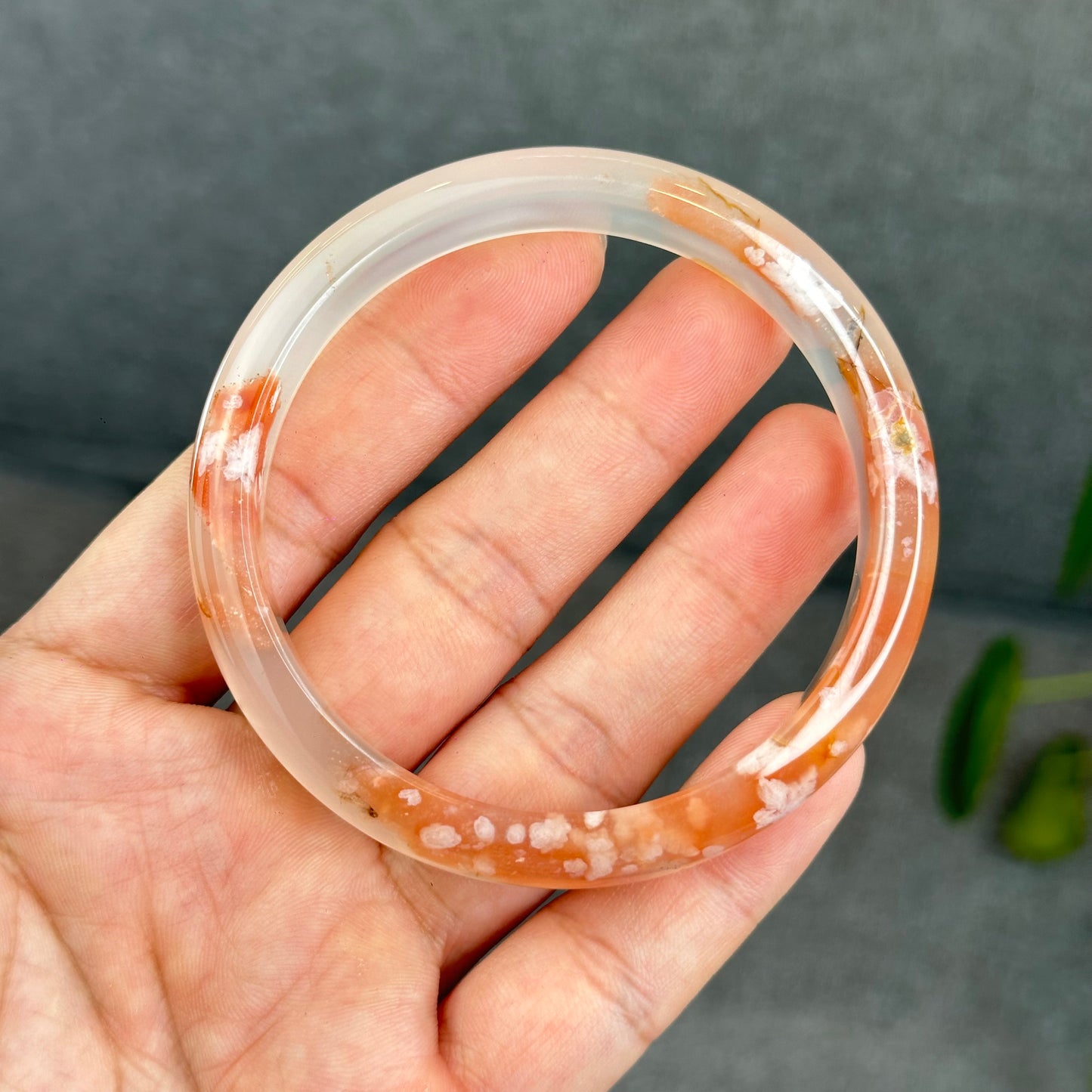 Natural Translucent Floral Agate Bangle Leaf Style Size 60.5 mm