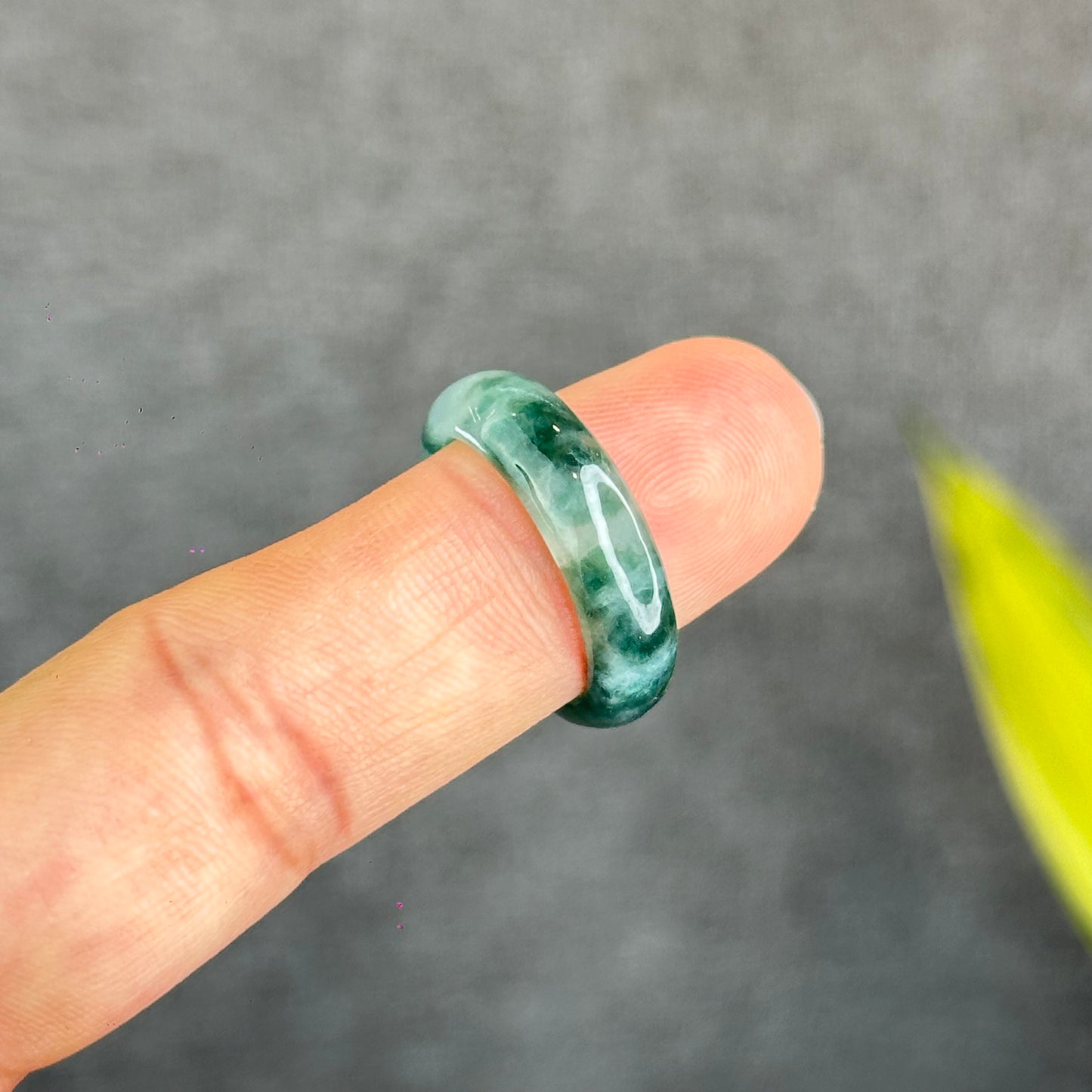 Natural Dark Floating Floral Moss Green Translucent Jadeite Jade Type A Ring Leaf Style Size 1.9