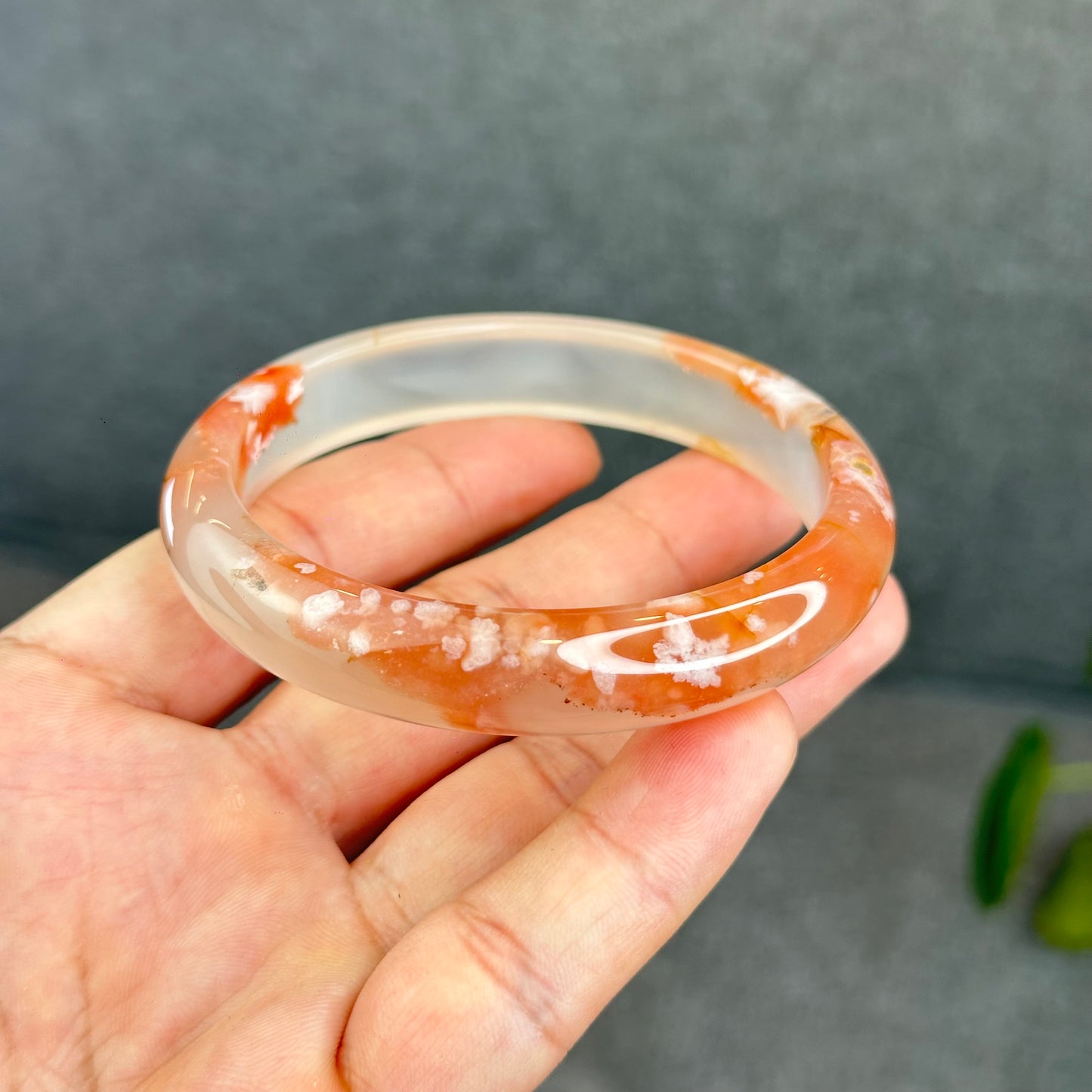 Natural Translucent Floral Agate Bangle Leaf Style Size 60.5 mm