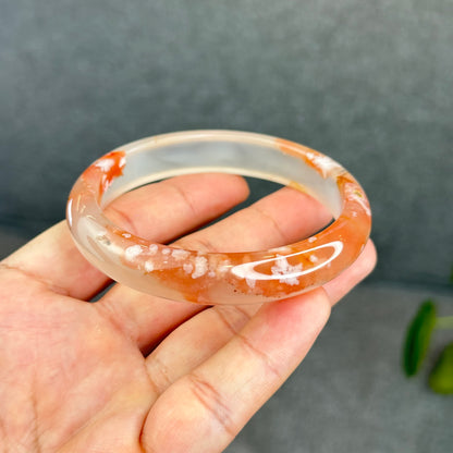Natural Translucent Floral Agate Bangle Leaf Style Size 60.5 mm