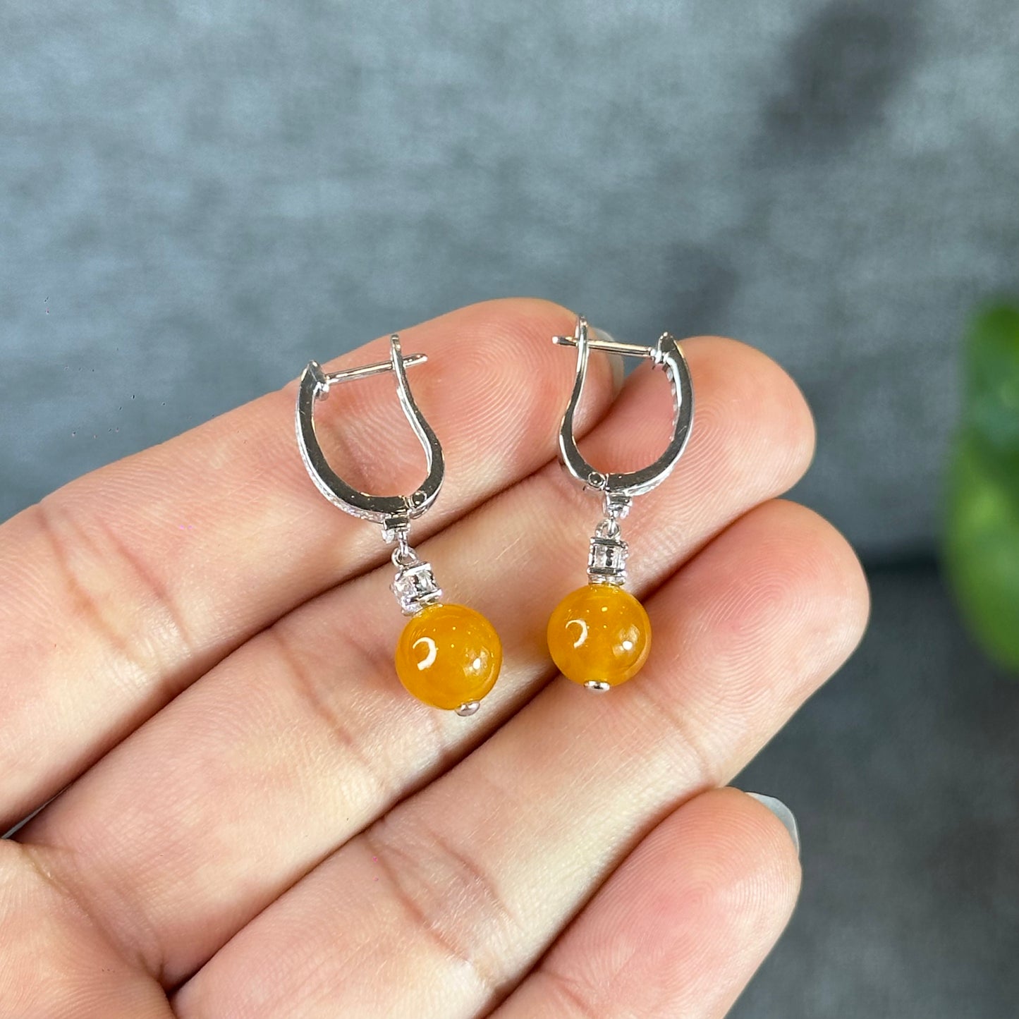 Natural Orange Jadeite Jade 8 mm Earrings in Silver setting