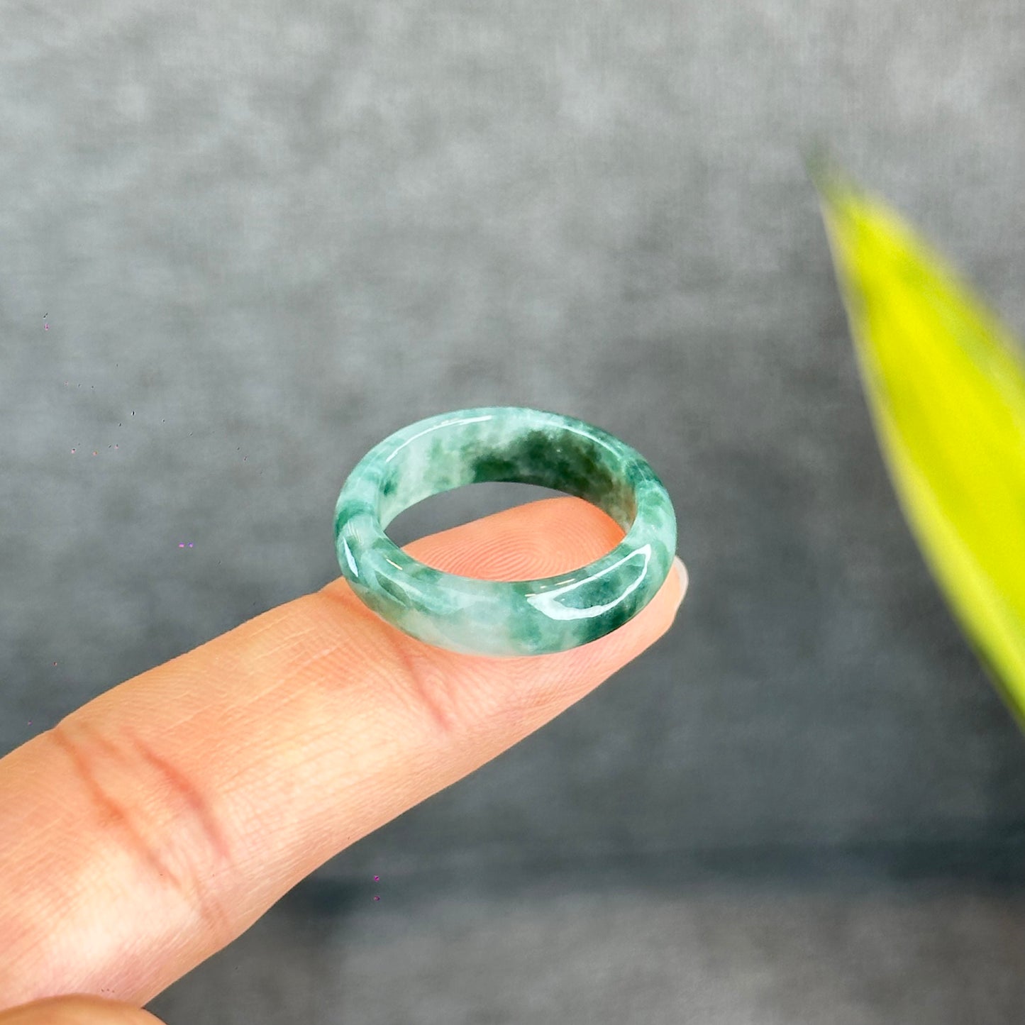 Natural Dark Floating Floral Moss Green Translucent Jadeite Jade Type A Ring Leaf Style Size 1.9
