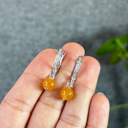 Natural Orange Jadeite Jade 8 mm Earrings in Silver setting