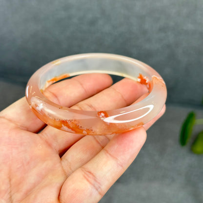 Natural Translucent Floral Agate Bangle Leaf Style Size 60.5 mm