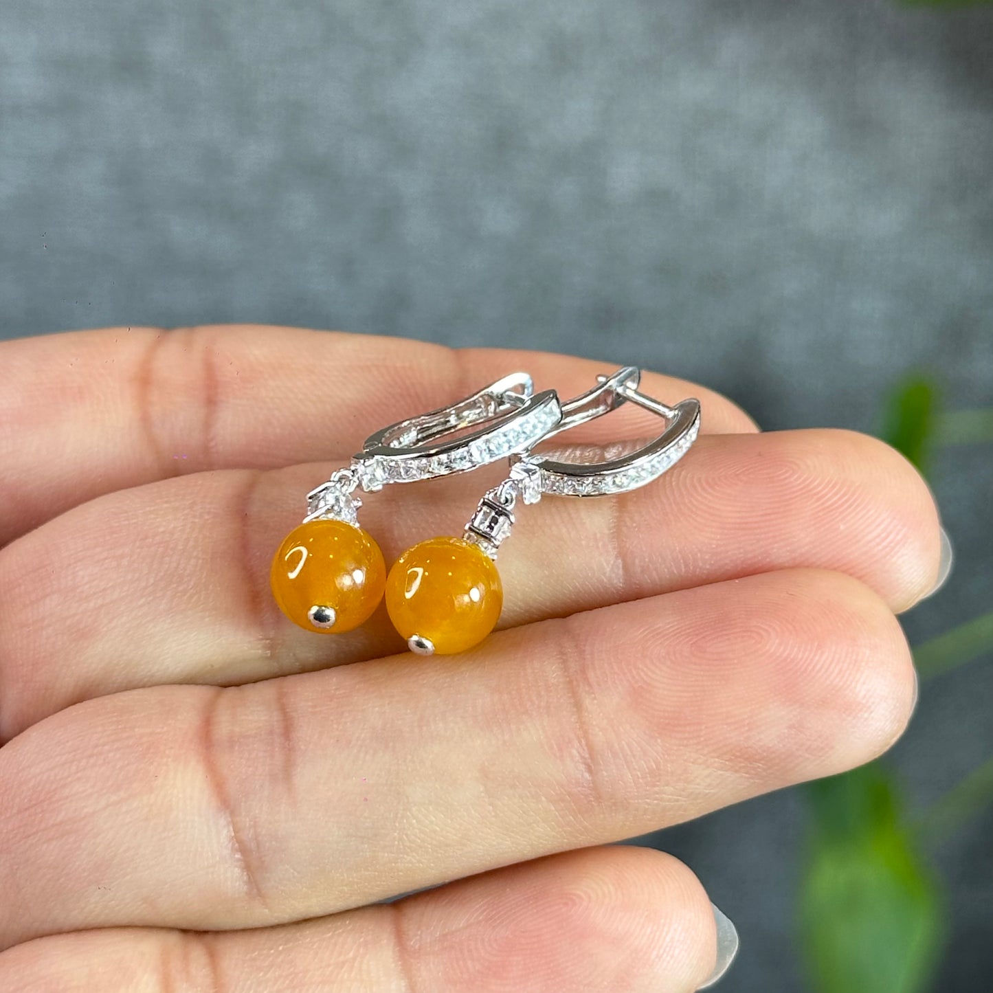 Natural Orange Jadeite Jade 8 mm Earrings in Silver setting