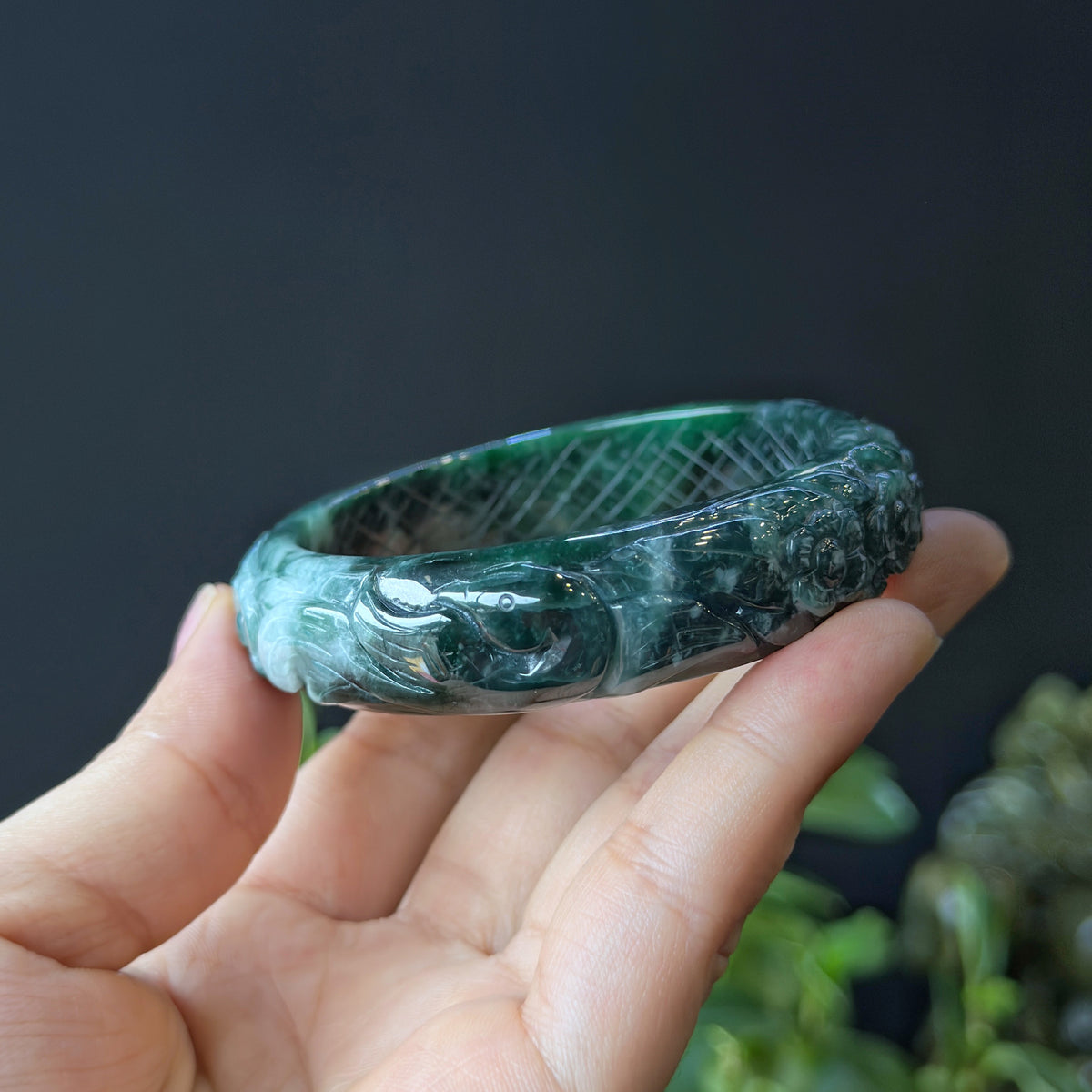 Natural Water Green Floating Flower Carving Jadeite Jade Banlge Leaf Style Size 56 mm