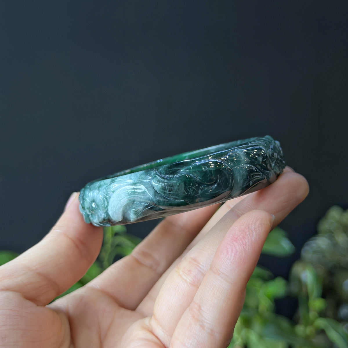 Natural Water Green Floating Flower Carving Jadeite Jade Banlge Leaf Style Size 56 mm