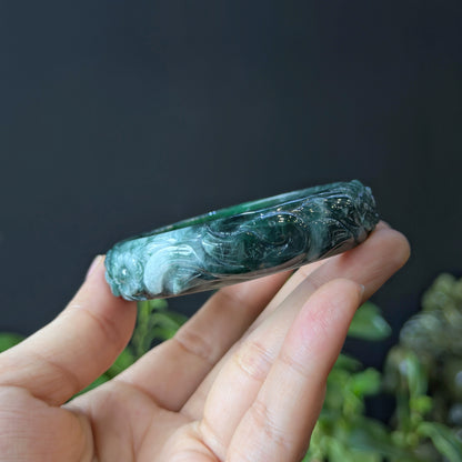 Natural Water Green Floating Flower Carving Jadeite Jade Banlge Leaf Style Size 56 mm