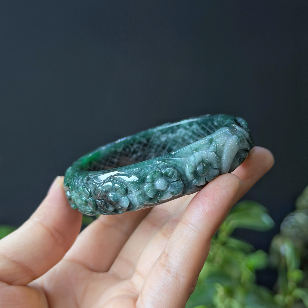 Natural Water Green Floating Flower Carving Jadeite Jade Banlge Leaf Style Size 56 mm