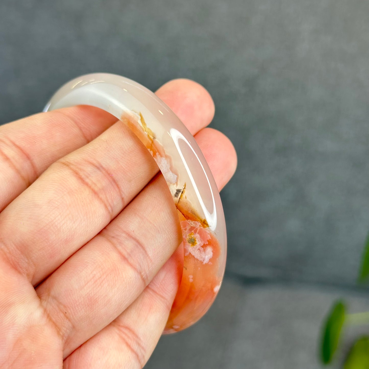 Natural Translucent Floral Agate Bangle Leaf Style Size 60.5 mm