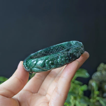 Natural Water Green Floating Flower Carving Jadeite Jade Banlge Leaf Style Size 56 mm