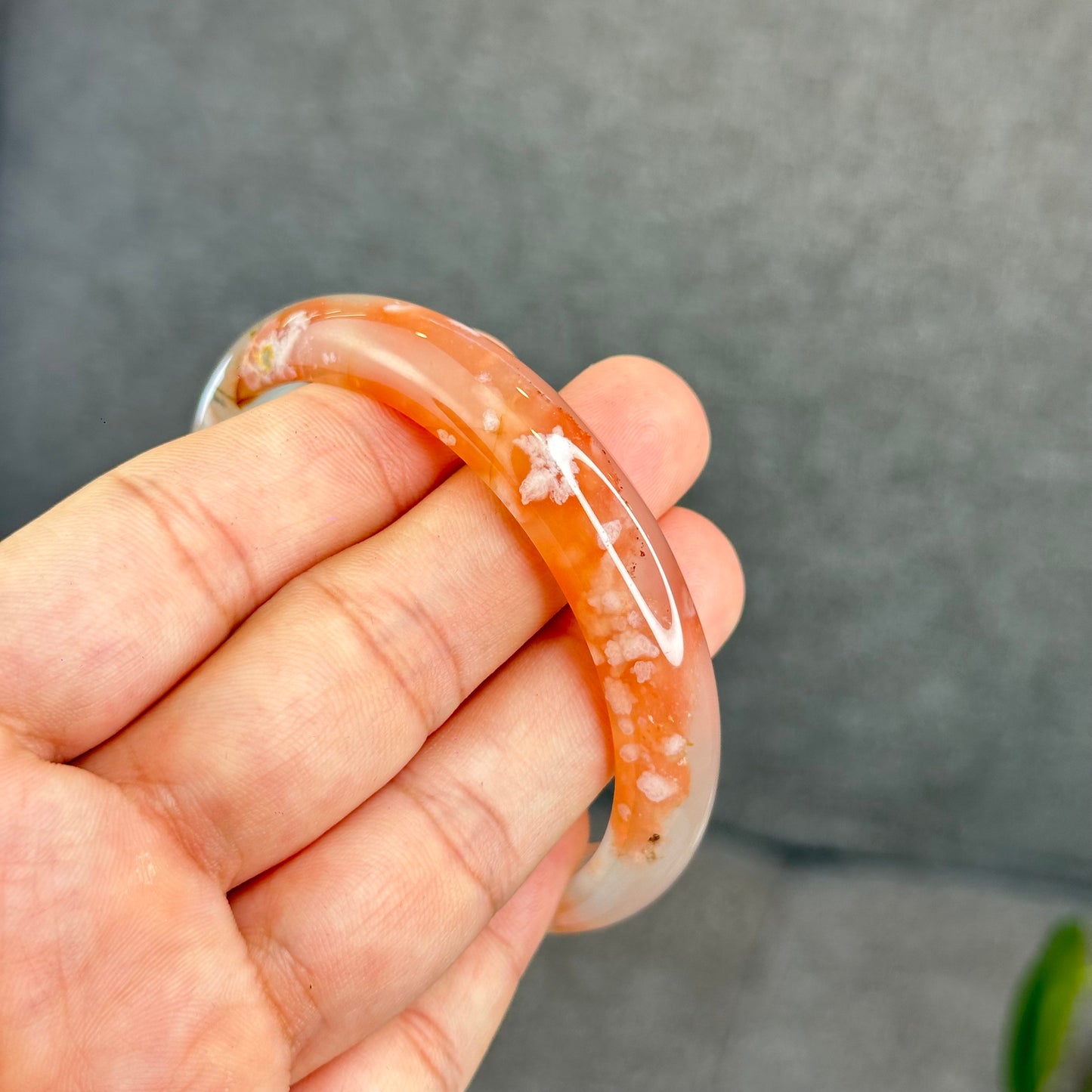 Natural Translucent Floral Agate Bangle Leaf Style Size 60.5 mm
