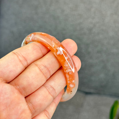 Natural Translucent Floral Agate Bangle Leaf Style Size 60.5 mm