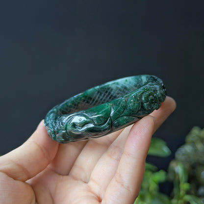 Natural Water Green Floating Flower Carving Jadeite Jade Banlge Leaf Style Size 56 mm