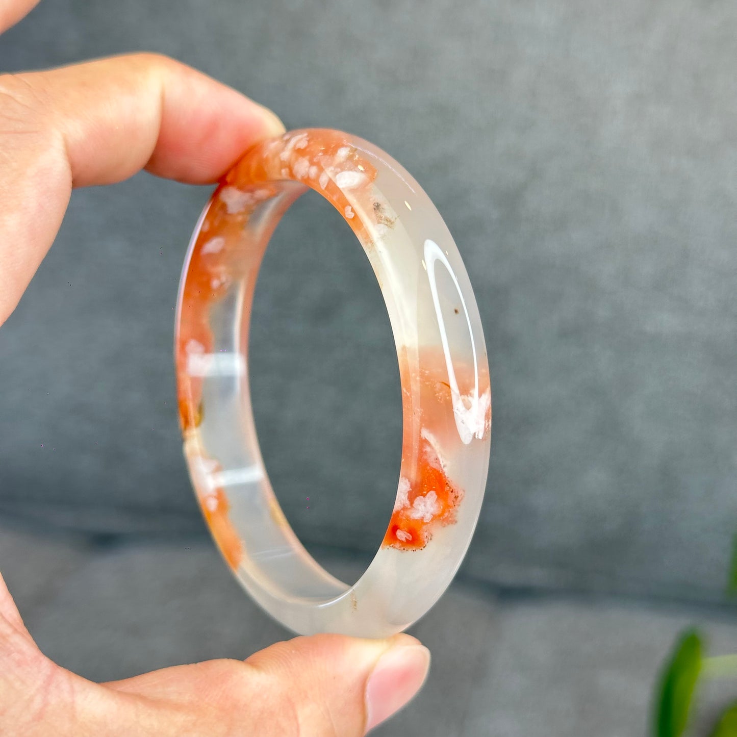 Natural Translucent Floral Agate Bangle Leaf Style Size 60.5 mm
