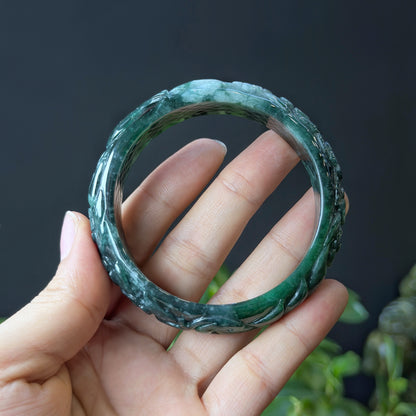 Natural Water Green Floating Flower Carving Jadeite Jade Banlge Leaf Style Size 56 mm