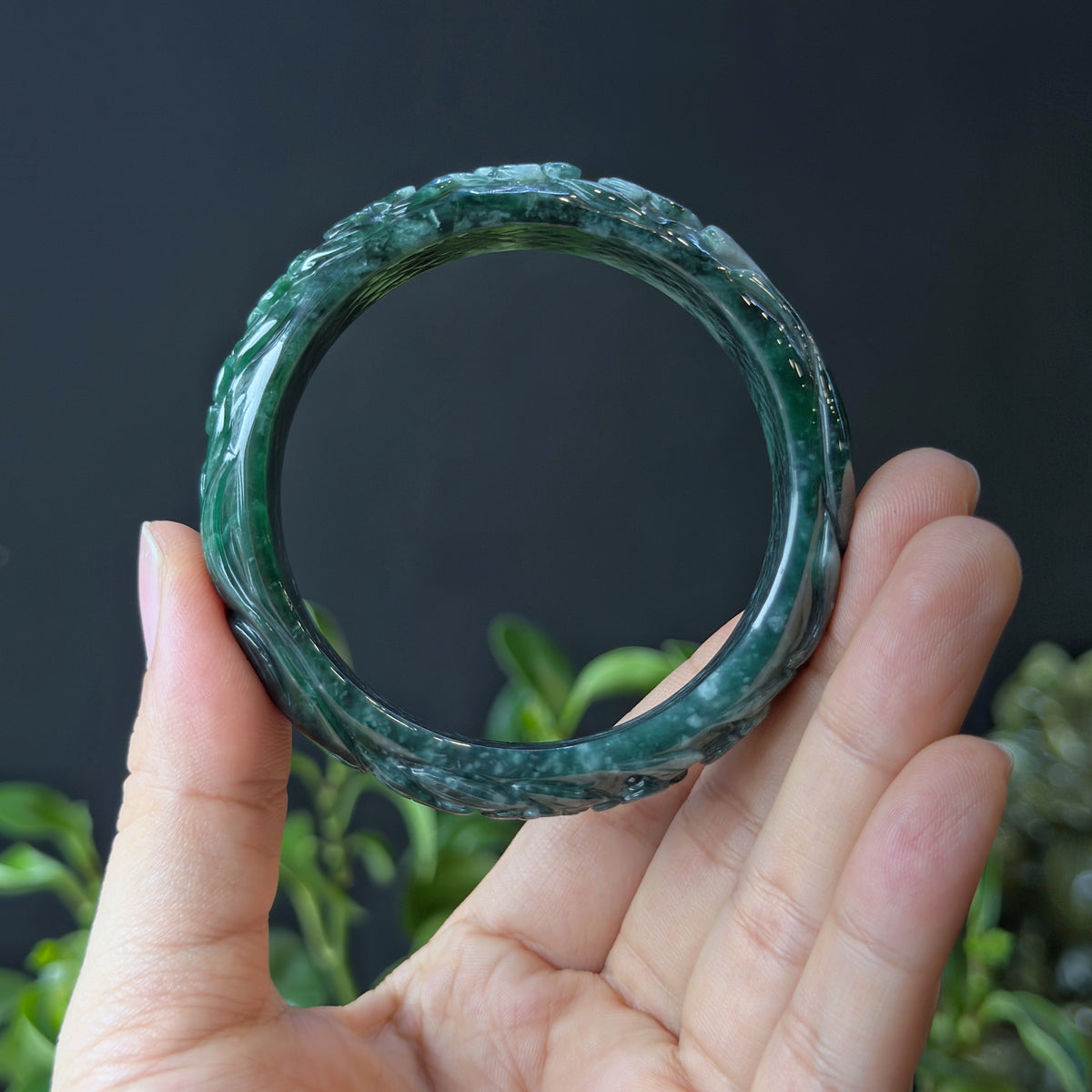 Natural Water Green Floating Flower Carving Jadeite Jade Banlge Leaf Style Size 56 mm
