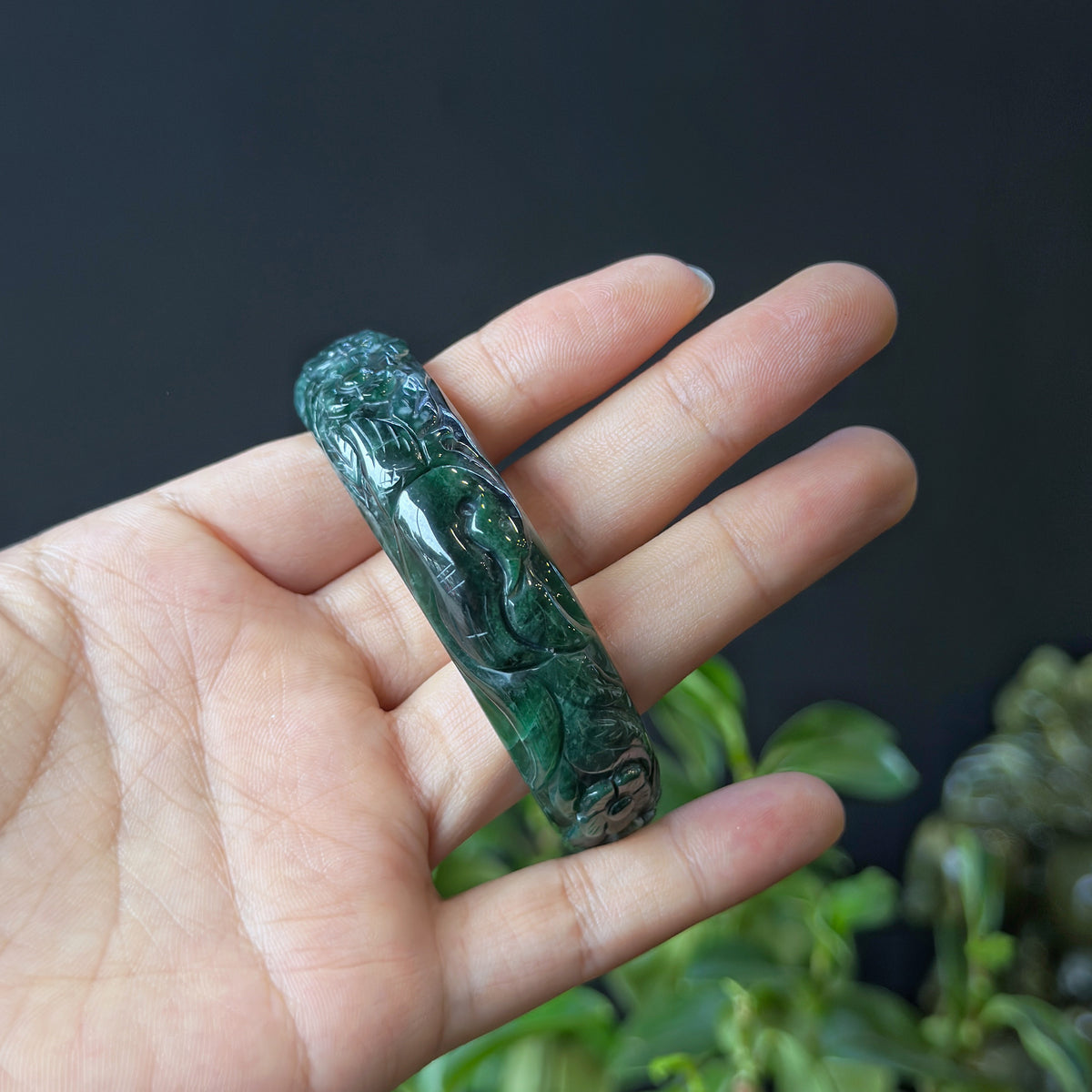 Natural Water Green Floating Flower Carving Jadeite Jade Banlge Leaf Style Size 56 mm