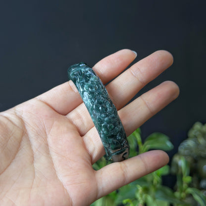 Natural Water Green Floating Flower Carving Jadeite Jade Banlge Leaf Style Size 56 mm