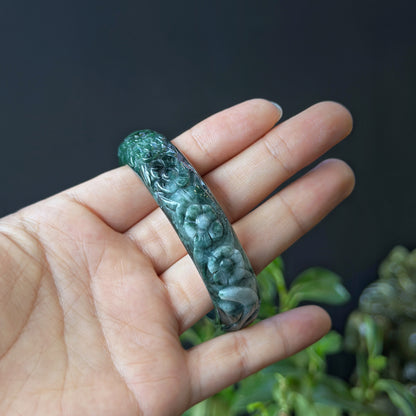 Natural Water Green Floating Flower Carving Jadeite Jade Banlge Leaf Style Size 56 mm