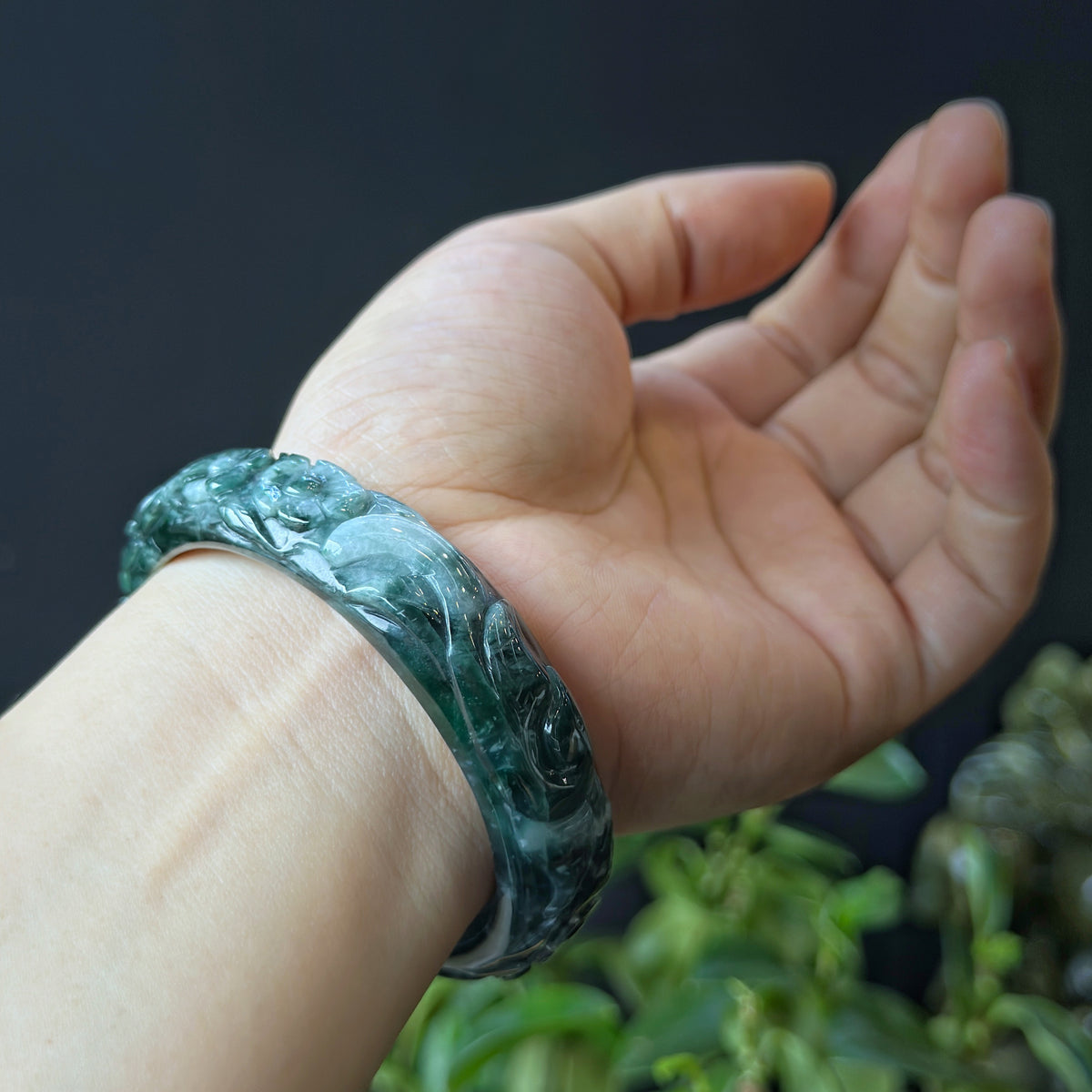 Natural Water Green Floating Flower Carving Jadeite Jade Banlge Leaf Style Size 56 mm