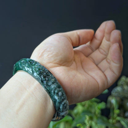Natural Water Green Floating Flower Carving Jadeite Jade Banlge Leaf Style Size 56 mm