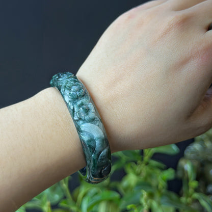 Natural Water Green Floating Flower Carving Jadeite Jade Banlge Leaf Style Size 56 mm