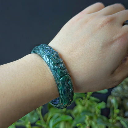 Natural Water Green Floating Flower Carving Jadeite Jade Banlge Leaf Style Size 56 mm