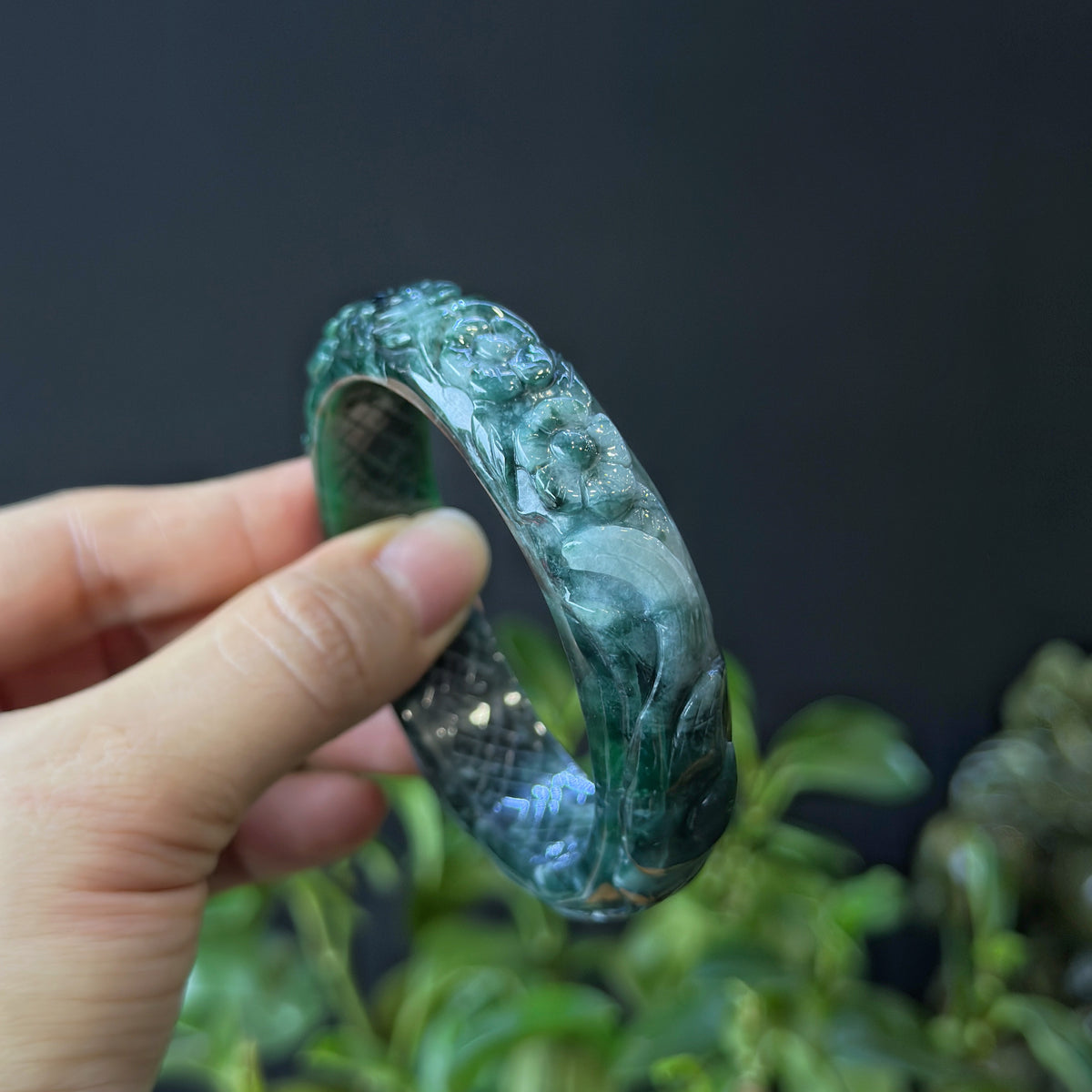 Natural Water Green Floating Flower Carving Jadeite Jade Banlge Leaf Style Size 56 mm