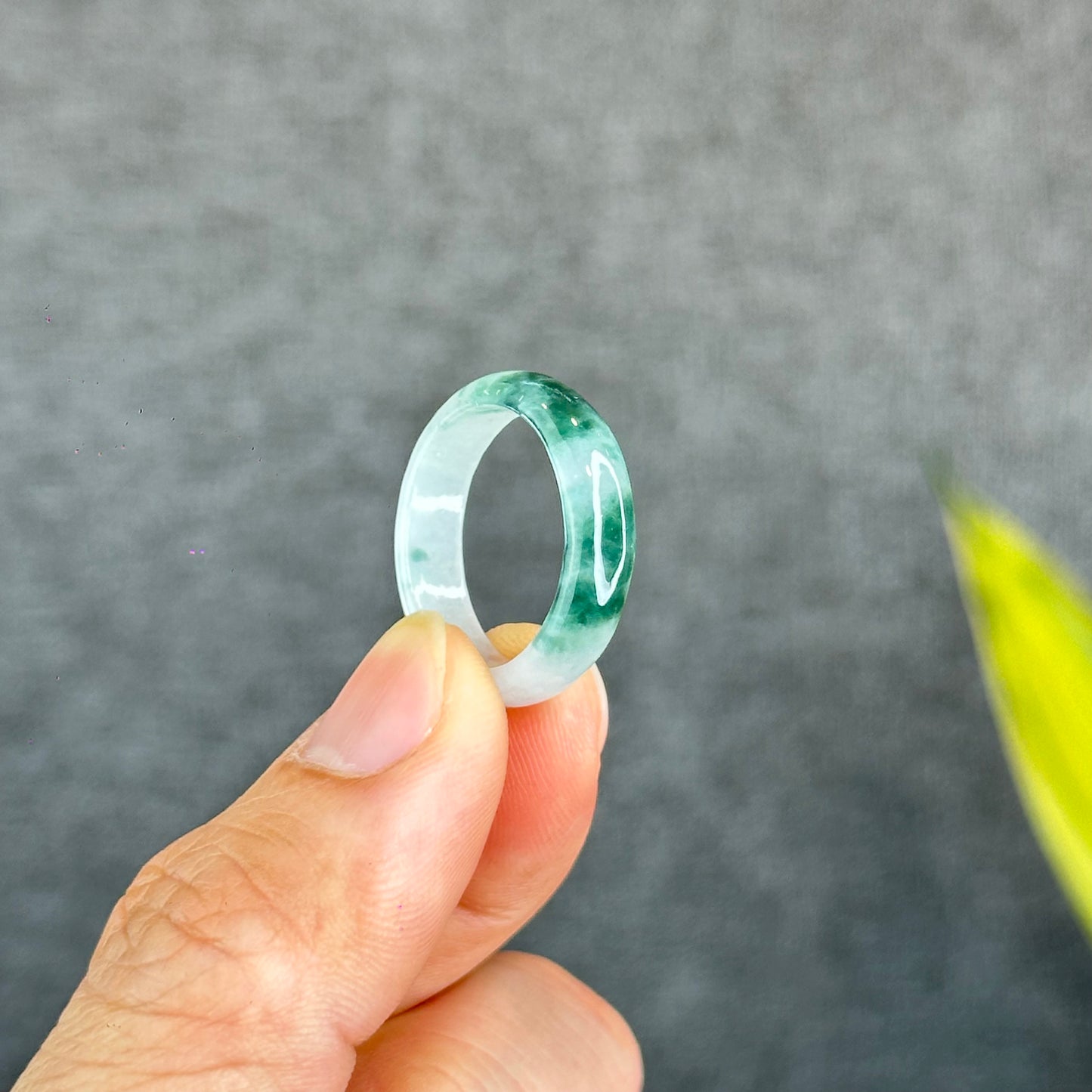 Natural Dark Floating Floral Moss Green Translucent Jadeite Jade Type A Ring Leaf Style Size 1.95